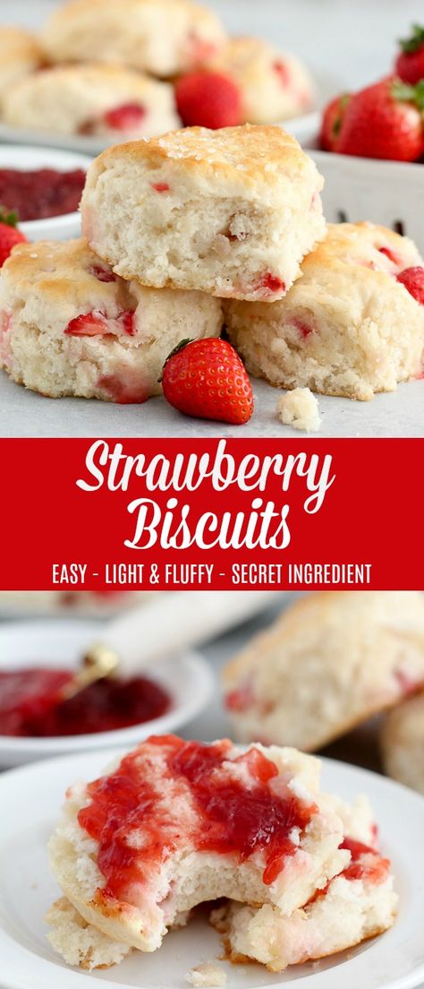 Tender and fluffy biscuits filled with fresh strawberries. Check out the secret ingredient in this easy biscuit recipe! #biscuits #strawberries #baking #breakfast #JustAdd7UP #ad Strawberry Cream Cheese Biscuits, Strawberry Buiscits, Strawberry Biscuit Cake, Strawberry Buttermilk Biscuits, Strawberries And Biscuits, Flavored Biscuits Homemade, Strawberry Breakfast Cookies, What To Eat With Biscuits For Dinner, Strawberry Biscuits Recipe Easy