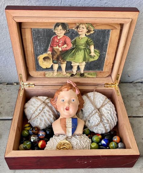 The Art of Assemblage  & Found Object Art | Assemblage using found coral, curated vintage treasures and marbles 9.5x9x8” | Facebook Assemblage Art Mixed Media, Art Assemblage, Object Art, Found Object Art, Assemblage Art, Curated Vintage, Shadow Boxes, Found Object, Mixed Media Art