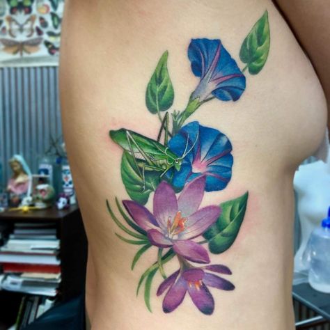 Morning Glory And Butterfly Tattoo, Katydid Tattoo, Morning Glory Tattoo, Glory Tattoo, Colorful Flower Tattoo, Water Lily Tattoos, Flower Tat, Arm Sleeve Tattoos For Women, Mother Nature Tattoos