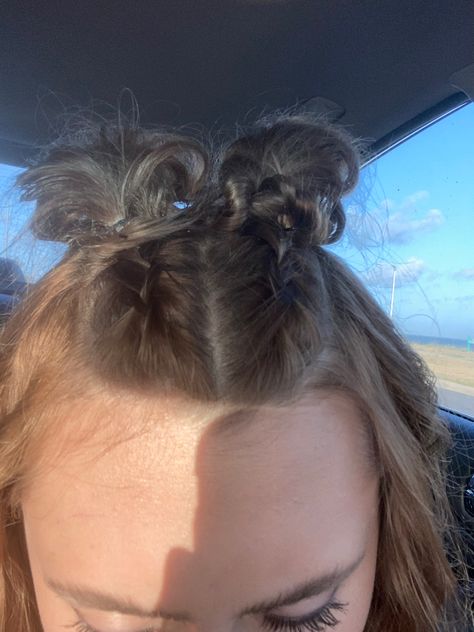 Braids Into Space Buns Half Up Half Down, Braids With Buns Half Up, 2 Small French Braids On Top Of Head, How To Do Small Braids On Top Of Head, French Braid Space Buns Half Up, Half French Braid Pigtails, Mini French Braids, French Braided Space Buns, Braided Into Two Buns