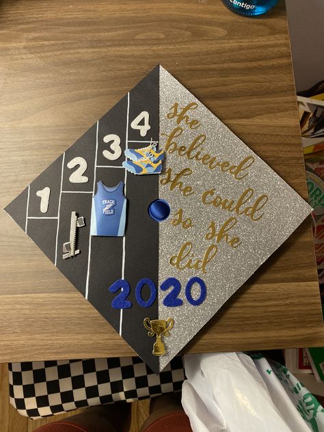 Cross Country Graduation Cap Ideas, Track And Field Graduation Cap, Track And Field Party Ideas, Track Graduation Cap, Graduation Cap Designs Sports, Basketball Graduation Cap Ideas, Track And Field Senior Night, Sports Graduation Cap, Senior Night Track And Field