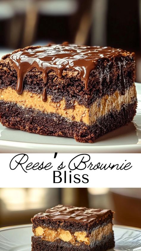 Indulge in the ultimate treat with this Reese’s Brownie Bliss! Each bite combines rich brownie and peanut butter for a deliciously sweet experience. Ideal for fall gatherings or a personal indulgence! Reese Brownies, Caramel Apple Upside Down Cake, Bailey Brownies, Reeses Brownies, Apple Upside Down Cake, Deserts Recipes, Soft Cake, Moist Vanilla Cake, Apple Cream