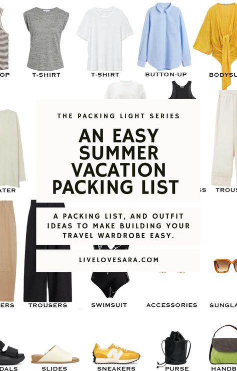 A white background with the image with a visual list of 20 items to pack for a summer vacation. In the middle is a white box with the words, "An Easy Summer Vacation Packing List." 10 Day Summer Packing List, Two Week Packing List Summer, 10 Days Packing List Summer, 10 Day Capsule Wardrobe Travel Light, 10 Day Holiday Packing List, 3 Week Packing List Summer, 2 Weeks In A Carry On Summer, One Week Packing List Summer, Packing Italy Summer