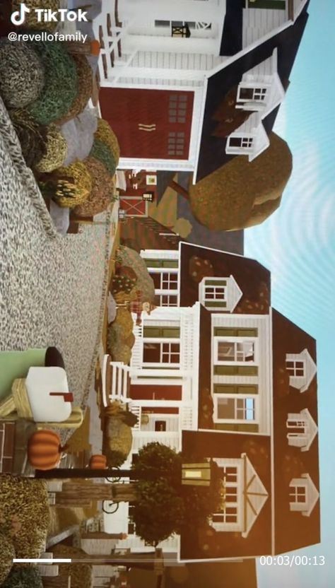 Fall Family House Exterior, Realistic Fall Bloxburg House Exterior, Autumn Farmhouse Exterior, Fall Bloxburg Houses Exterior Layout, Fall Farmhouse Bloxburg, Bloxburg Autumn House Ideas Exterior, Fall Home Exterior Bloxburg, Bloxburg Fall Bathroom Ideas, Bloxburg Fall Town Ideas