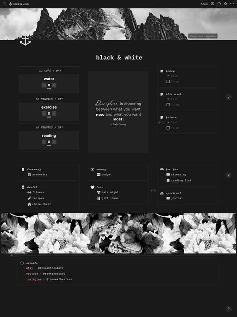 aesthetic black and white notion planner clean design template for productivity for students habit plannerspread #freeprintablemealplanner✒️ Notion Template Ideas Aesthetic Black, Black And White Notion Template, Notion Dark Mode Templates Aesthetic, Notion Template Ideas For Students Dark, Dark Notion Aesthetic, Aesthetic Notion Template Free, Notion Black And White, Notion Template Ideas Aesthetic Dark, Notion Template Ideas Minimalist