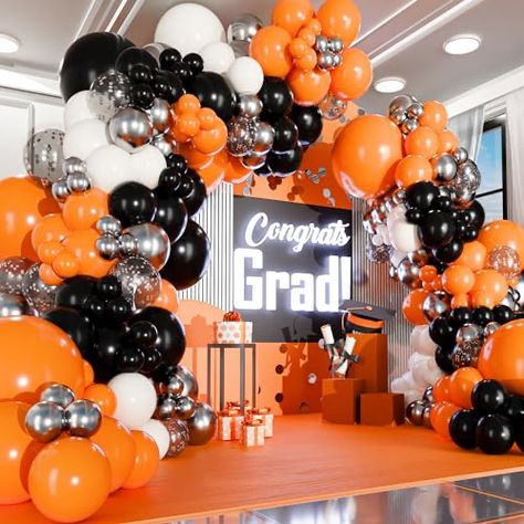 Graduation Party Orange And Black, Orange And Black Decorations Party, Burnt Orange Graduation Party, Black And Orange Graduation Party Ideas, Hoco Bouquet, Black And White Party Decorations, Graduation Board, Black And White Balloons, Black Party Decorations