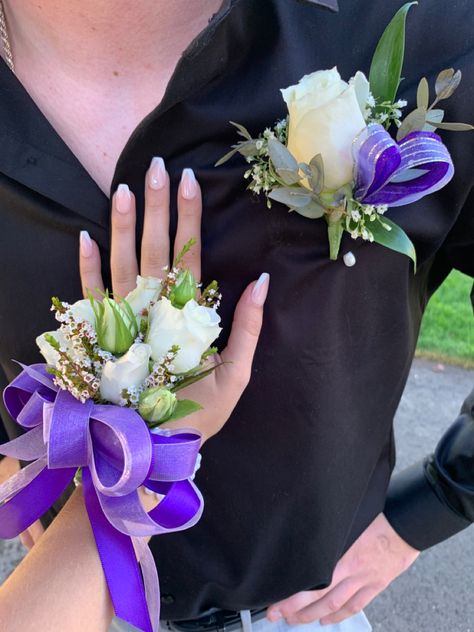 Homecoming/ purple/ aesthetic/ corsage/ boutonnière/couple Dark Purple Corsage And Boutonniere, Purple Homecoming Couple, Dark Purple Prom Couple, Dark Purple Corsage, Aesthetic Corsage, Purple Prom Couple, Purple Corsage And Boutonniere, Prom Corsage Purple, Homecoming Couple