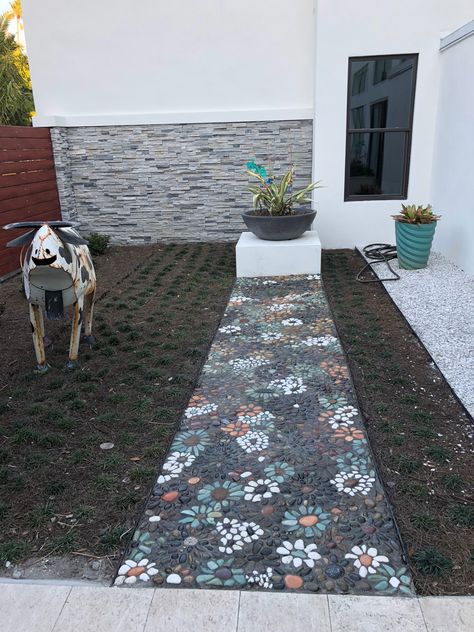 Just finished sealing the pebble/stone mosaic walkway. I am really pleased with the results Patio Mosaic, Mosaic Walkway, Yard Remodel, Rustic Patio, Walkway Ideas, Brick Garden, Pergola Lighting, Stone Walkway, Pebble Mosaic