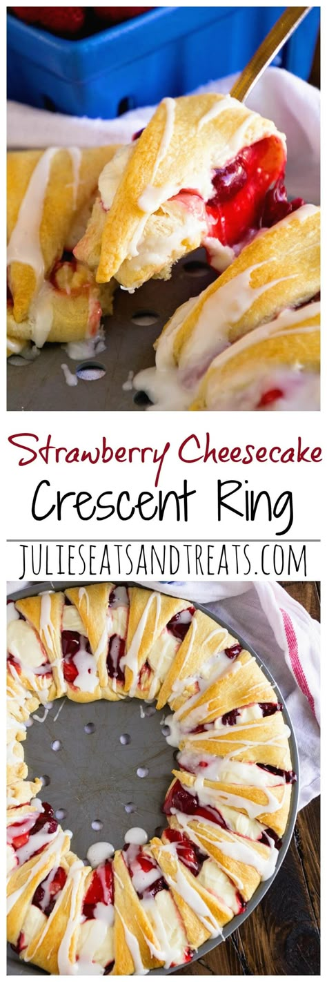 Strawberry Cheesecake Crescent Ring ~ Tender, Flaky Crescent Rolls Stuffed with Strawberry Pie Filling & Cheesecake then Drizzled with Icing! Perfect Quick & Easy Breakfast Recipe! @luckyleaf Quick Easy Breakfast, Breakfast Recipes Easy Quick, Crescent Recipes, Strawberry Pie Filling, Easy Breakfast Recipe, Pillsbury Recipes, Crescent Ring, Crescent Roll Recipes, Strawberry Pie