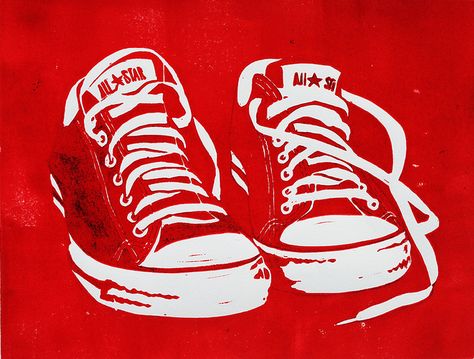 Converse Wallpaper, Relief Printing, Woodcuts Prints, Relief Print, Red Sneakers, Shoe Art, Monoprint, Lino Print, Woodblock Print