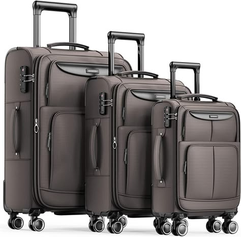 Top Softside Luggage Sets: Made of high-density oxford fabric, resists stains and waterproof, high abrasion resistance to keep the softside softshell luggage beautiful. 20 inch is the most suitable to carry around, 24in & 28in can expand 20% of the increase space. Capacity: 20in43L 24in63L 28in 85L.360° Silent Double-Row Spinner Wheels With four 360-degree rotating wheels, rotate silently and smoothly, making it easy to move and travel is easy. Suitcase Sets, Premium Luggage, Lost Luggage, Baby Luggage, Foreign Travel, Diy Store, Suitcase Set, Iron Handles, Types Of Buttons