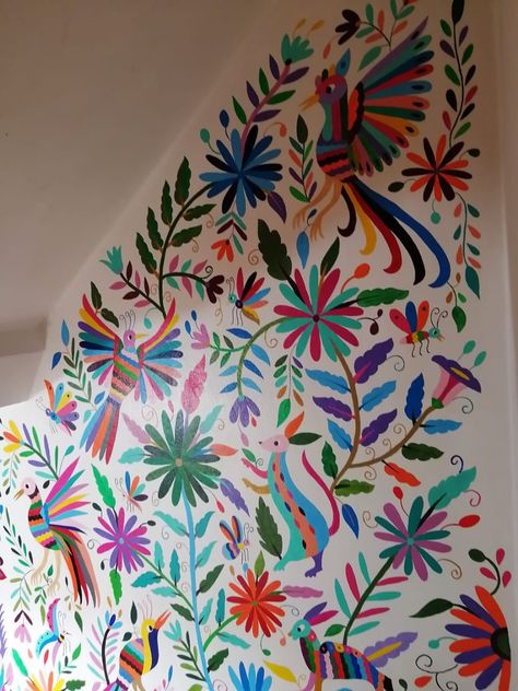 Mexican Art Mural, Otomi Mural, Mexican Mural Art, Mexican Murals, Flower Wall Painting, Mexican Restaurant Decor, Travel Themed Room, Mexican Paintings, Window Mural