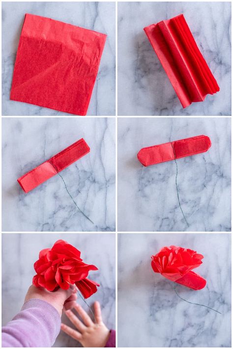 Get step by step directions on exactly how to make the perfect Tissue Paper Roses! They're a fun and beautiful kid friendly craft and they're perfect for Valentine's Day! You can make whatever color you like! #kidscrafts #valentinesday #valentinesdaycrafts #tissuepaper #tissuepaercrafts Rose Preschool Craft, Carnation Tissue Paper Flowers, Small Tissue Paper Flowers Diy, How To Make Tissue Paper Roses, Roses Out Of Tissue Paper, How To Make A Rose Out Of Tissue Paper, Tissue Paper Roses Diy Easy, How To Make Paper Roses Step By Step, Tissue Paper Roses Diy