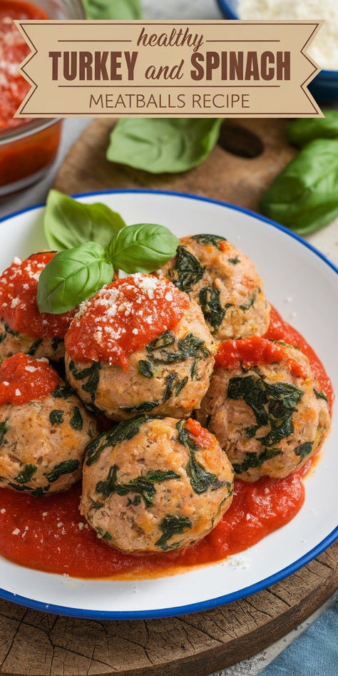 These Healthy Turkey and Spinach Meatballs are a light and flavorful twist on a classic! Made with lean turkey, fresh spinach, and savory seasonings for a nutritious, protein-packed meal. Turkey Feta Spinach Meatballs, Turkey And Spinach Meatballs, Turkey Meatballs With Spinach, Turkey Meatball Stroganoff, Mozzarella Stuffed Turkey Meatballs, Healthy Turkey Meatballs, Turkey Spinach Meatballs, Spinach Meatballs, Turkey Meatballs Healthy