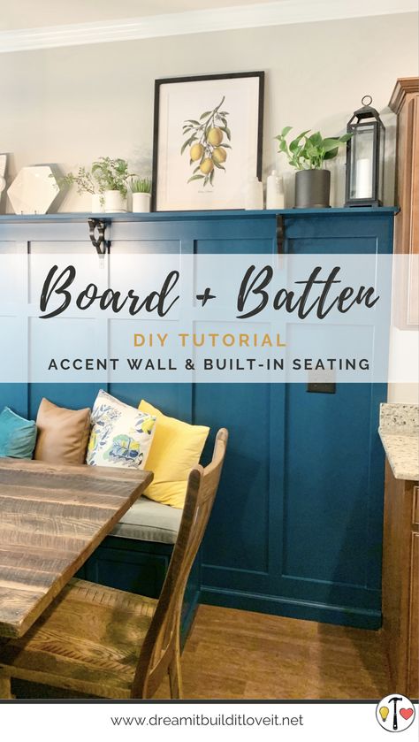 Add seating, storage, and style to any room with a built in cabinet bench and accent wall. The board and batten lends itself immediately to a modern farmhouse style. Check out the latest DIY tutorial from Dream it. Build it. Love it. Board And Batten Wall Living Room Behind Couch, Dinning Room Nook Built Ins, Banquette Accent Wall, Board And Batten Eat In Kitchen, Board And Batten In Kitchen, Teal Board And Batten Wall, Board And Batten Dining Room Wall, Wall Bench Dining Room, Board And Batten Wall Dining Room