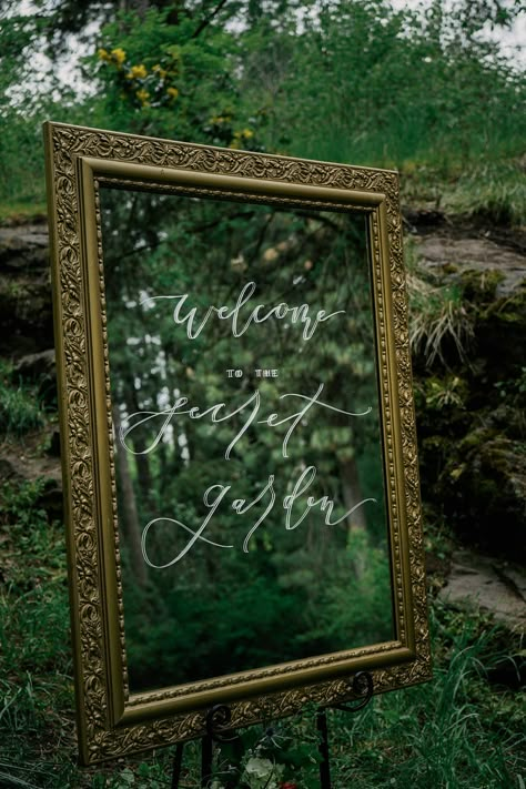 Alice in Wonderland in Secret Garden - A PRINCESS INSPIRED BLOG | Secret Garden Wedding Ideas #mirrorsign The Secret Garden Wedding, Secret Garden Theme Wedding, Secret Garden Backdrop, Secret Garden Centerpieces, Enchanted Forest Decorations Prom, Enchanted Garden Prom Decorations, Secret Garden Invitations, Secret Garden Dance Theme, Nature Prom Theme