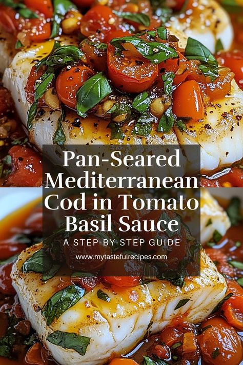 Enjoy the perfect balance of flavors with this Pan-Seared Mediterranean Cod in Tomato Basil Sauce. The crispy cod paired with the tangy, aromatic tomato basil sauce creates a comforting, flavorful meal that’s perfect for a cozy dinner at home. Cod Recipes Healthy, Cod Fillet Recipes, Crispy Cod, Mediterranean Cod, Cod Dishes, Fish Supper, Quick Sandwiches, Cod Fish Recipes, Tomato Basil Sauce