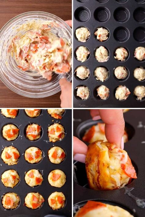 Pepperoni Pizza Bites are a like a bagel bite and pizza muffin with homemade dough, cheese & pepperoni, ready to bake in just a few minutes. Mini Muffin Tin Appetizers, Pizza Bits, Pepperoni Balls, Pepperoni Bites, Pizza Muffin, Cheesy Bites, Pepperoni Pizza Bites, Mini Pizza Bites, Muffin Cups Recipes