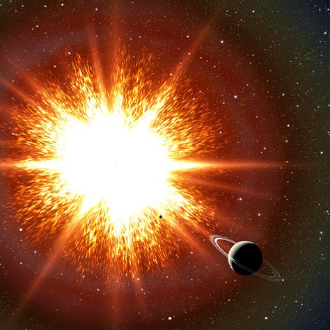 New research shows that some old stars known as white dwarfs might be held up by their rapid spins, and when they slow down, they explode as Type Ia supernovae. Thousands of these "time bombs" could be scattered throughout our Galaxy. In this artist's conception, a supernova explosion is about to obliterate an orbiting Saturn-like planet.   Credit: David A. Aguilar (CfA) Supernova Explosion, Neutron Star, Red Giant, Spiral Galaxy, Shock Wave, The Final Frontier, Light Year, Sun And Stars, Milky Way