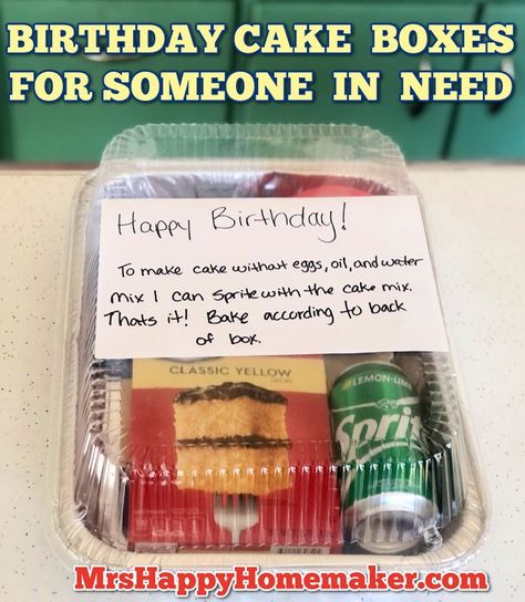 Mrs Happy Homemaker - Birthday Cake Boxes to take to the food pantry Birthday Cake Boxes For People In Need, Birthday Cake Gift Box Ideas, Beta Club, Donation Ideas, Outreach Ideas, Service Ideas, Blessing Bags, Meal Train Recipes, Info Board