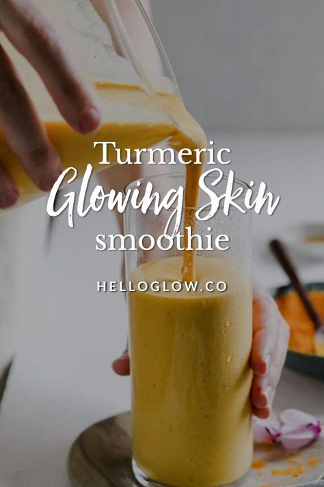 Turmeric Glowing Skin Smoothie - Hello Glow Glow Smoothie Skin, Tumeric Smoothie Recipes, Glow Skin Smoothie, Glowing Skin Smoothie Recipes, Glowy Skin Smoothie, Skin Smoothie Recipes, Glowing Smoothie, Smoothie For Glowing Skin, Glowing Skin Smoothie