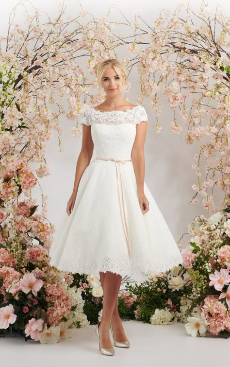 Delightful ivory short tea length lace wedding dress with sleeves Lace Short Wedding Dress With Sleeves, Short Style Wedding Dresses, Knee Length Wedding Dress With Sleeves, Tea Dress Wedding Dresses, Wedding Tea Dress, Tea Wedding Dress, Tea Length Wedding Dress Vintage Veaul, Short Wedding Dress Elegant, Summer Tea-length Wedding Dresses