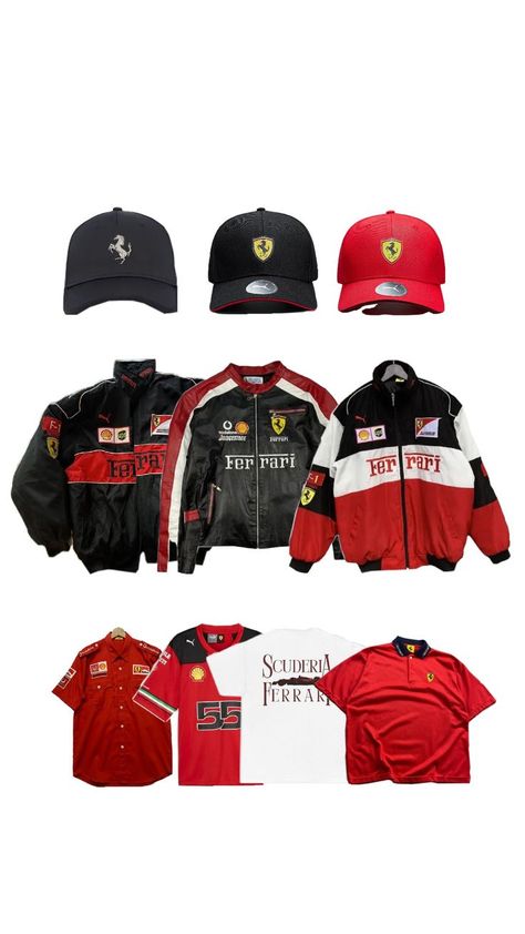 Ferrari F1 Jacket, Formula 1 Outfit Women, Outfits For Chicago, F1 Costume, Ferrari Outfit, Fits Collage, Ferrari Merch, F1 Clothes, Race Car Jacket