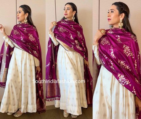 Karisma Kapoor attended an event in Kolkata wearing an off-white anarkali suit with purple banarasi dupatta by Ekaya Banaras. Jewelry from Azotiique and Fizzy Goblet juttis complemented her look! White Anarkali With Banarasi Dupatta, White Banarasi Suit, White Anarkali Dress With Red Dupatta, Banarasi Dupatta Suits Party Wear, Banarasi Anarkali Suits, Off White Anarkali Suits, Anarkali With Banarasi Dupatta, Banarasi Dupatta Suits, Suit With Banarasi Dupatta