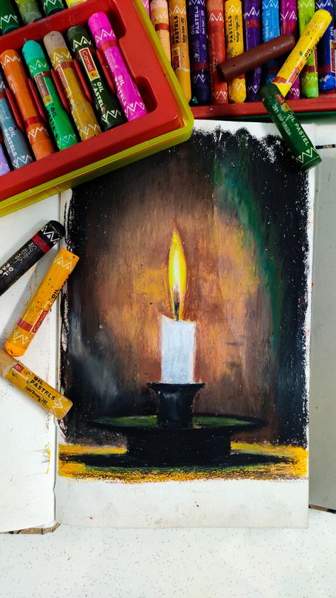 Oil pastel on paper Candle Oil Pastel, Dark Oil Pastel Art, Pastel Candle, Candle Drawing, Hanukkah Crafts, Paper Candle, Doodle Inspiration, Oil Pastel Art, Oil Pastel Drawings