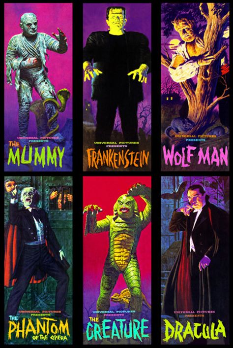 Aurora's first first six monster models Universal Monsters Posters, B Movie Aesthetic, Vintage Monster Art, Campy Horror Aesthetic, Monsters Aesthetic, Universal Monsters Art, Monster Museum, Monster List, Hollywood Monsters