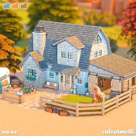 Sims 4 Horse Ranch Build, Sims 4 Ranch House, Sims 4 Horse Ranch, Small Ranch House, Brindleton Bay, Sims 4 Houses Layout, Aesthetic Paintings, Tiny Horses, Sims Houses