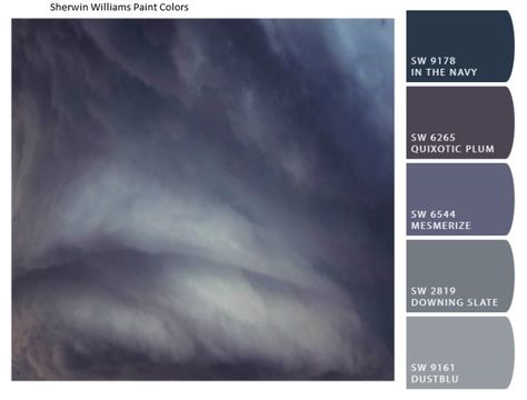 I want to knit a sweater in these colors.  The photo is of storm clouds.  The paint chips are from Sherwin Williams. Approaching Storm Paint, Storm Colour Palette, Stormy Sky Color Palette, Thunderstorm Color Palette, Foggy Color Palette, Storm Cloud Color Palette, Storm Color Pallette, Stormy Bathroom, Stormy Color Palette