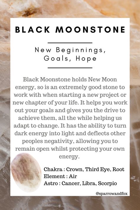 Black Moonstone holds New Moon energy, so is an extremely good stone to work with when starting a new project or new chapter of your life. It helps you work out your goals and gives you the drive to achieve them, all the while helping us adapt to change. It has the ability to turn dark energy into light and deflects other peoples negativity, allowing you to remain open whilst protecting your own energy. Black Moonstone Properties, Black Moonstone Crystal Meaning, Black Moonstone Meaning, Minerals Crystals Stones, Crystal Healing Chart, Moon Energy, Magic Stones, Crystal Guide, Black Moonstone