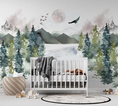 Mountains Mural, Jungle Themed Nursery, Kindergarten Wallpaper, Mountain Mural, Mountain Nursery, Nursery Mural, Watercolor Green, Green Mountains, Watercolor Nursery