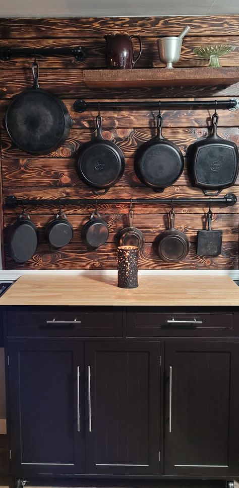 Pan Display, Cast Iron Display Ideas Kitchens, Wall Mounted Pot Rack, Cast Iron Wall, Cast Iron Wall Display, Cast Iron Display Ideas, Wooden Shelf For Pots And Pans, Pot And Pan Hanger Wall Mount, Cast Iron Cookware Display