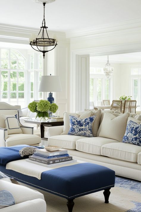 Enhance your living room with 25 stunning blue and white decor ideas. This classic color scheme offers endless possibilities for adding personality and style to your space. Discover tips for incorporating different shades of blue and white in furniture, rugs, curtains, artwork, and accessories. Explore various styles, from traditional to modern, and learn how to create a truly unique and inviting living room. Blue White Living Room Decor, Grandmillenial Living Room, Blue White Living Room, Navy And White Living Room, Living Room Design White, Blue And Cream Living Room, White Slipcover Sofa, White Living Room Ideas, Blue Sofas Living Room