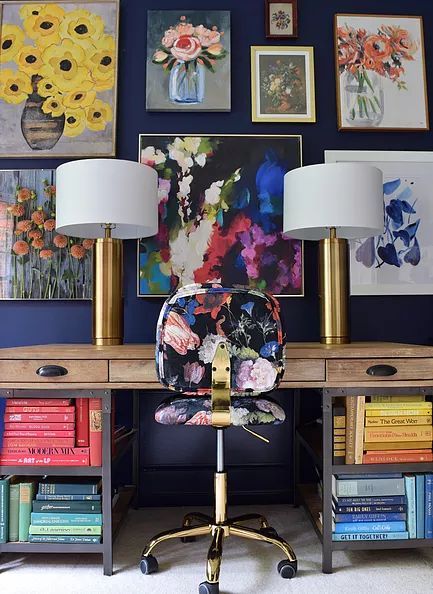 Jewel Tone Office, Eclectic Office Decor, Eclectic Decor Bedroom, Office Gallery Wall, Office Paint, Cool Office Space, Work Office Decor, Office Guest Room, Eclectic Bedroom