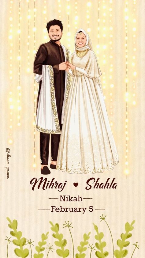 Shana Yasmin | Illustrator on Instagram: "Wedding video done for @mihraj_yousuf @shahala_ap 😍 Happy Married life to you both😘. Can’t wait to have your wedding…" Nikah Illustration, Muslim Wedding Caricature, Muslim Couple Illustration Wedding, Nikah Ideas, Couple Wedding Invitation, Cartoon Wedding Invitations, Cartoon Wedding, Wedding Illustration Card, Couple Illustration Wedding