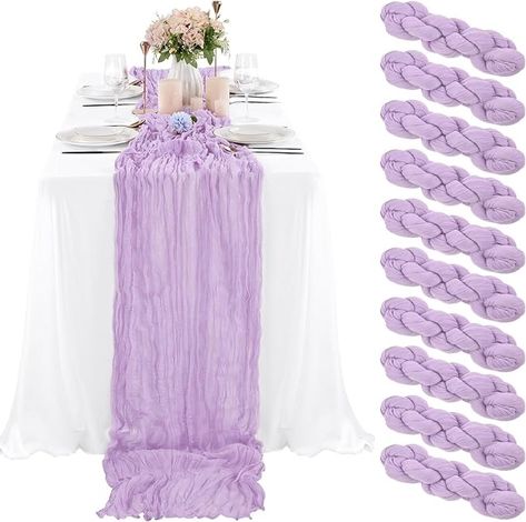 Amazon.com: 10 Pcs Lilac Cheesecloth Table Runner 10FT, Gauze Table Runner for Wedding Reception Sheer Bridal Shower Birthday Party Boho Table Decoration, Rustic Romantic Wedding Runner : Home & Kitchen Purple Table Cloth Ideas, Purple Table Runner Ideas, Purple Table Runner Wedding, Boho Wedding Table Runner, Cheese Cloth Table Runner, Boho Sisustus, Table Runner For Wedding, Cloth Table Runner, Party Cake Table