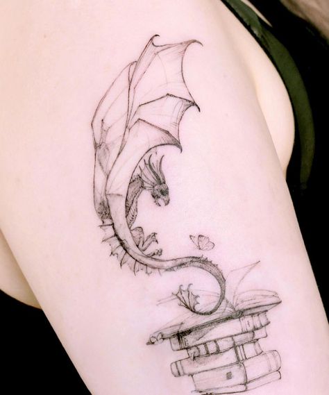 Virgo Dragon Tattoo, Dragon Coming Out Of A Book Tattoo, Dragon With Books Tattoo, Fairy Dragon Tattoo, Floral Dragon Tattoo, Book Dragon Tattoo, Fine Line Dragon Tattoo, Elven Tattoo, Wyvern Tattoo