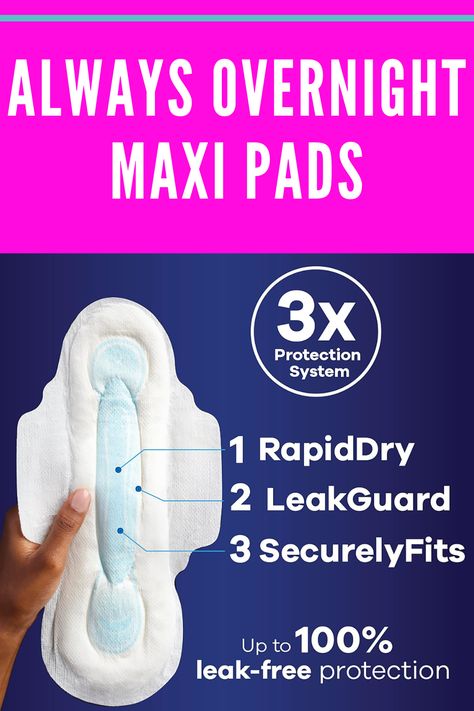 Experience worry-free periods with Always Maxi Pads! 🌸 Our 3X Protection System ensures 100% leak-free comfort. RapidDRY quickly absorbs, LeakGUARD locks in leaks, and SecurelyFITS keeps it in place. Choose the perfect size for your flow—1 to 3 for light days, 4 or 5 for heavy flow and overnight protection. FSA & HSA eligible! #AlwaysOvernightPads #StayFreshAllNight #LoveYourPeriod #UltimateComfort #UninterruptedSleep #PeriodProtection #NighttimeConfidence #StayComfortable #LeakFreeNights Always Maxi Pads, Maxi Pads, Maxi Pad, Night Time