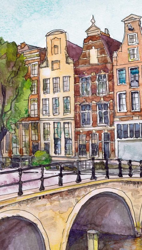 Amsterdam Watercolor Print Holland poster Netherlands Water | Etsy Watercolor Block Painting, Urban Sketching Amsterdam, Watercolor Poster Ideas, Amsterdam Watercolor Painting, Cityscapes Drawing, Building Painting Ideas, Watercolor Urban Sketching, Watercolor Art Buildings, Apartment Watercolor