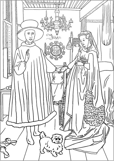 Jan Van Eyck : The Arnolfini Portrait - Coloring page created from The Arnoflini Portrait by Jan Van Eyck. From the gallery : Masterpieces. Just Color : Discover all our printable Coloring Pages for Adults, to print or download for free ! Famous Art Coloring, Arnolfini Portrait, Anatomy Coloring Book, Van Eyck, Coloring Page For Adults, Jan Van Eyck, Adults Coloring, Printable Adult Coloring Pages, Equine Art