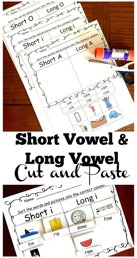 FREE Long Vowel and Short Vowel Cut and Paste Worksheets - these free printable first grade, 2nd grade, and 3rd grade worksheets are NO PREP and a fun way to practice reading for spelling and practice fine motor skills Short A Vowel Activities, Short Vowel Review Worksheet, Short Or Long Vowel Worksheet, Long Vs Short Vowels Activities, Short Vowel Review Worksheet Prek, Short Long Vowel Activities, Long Vowels Activities, Long Vowel Worksheets, Vowel Practice