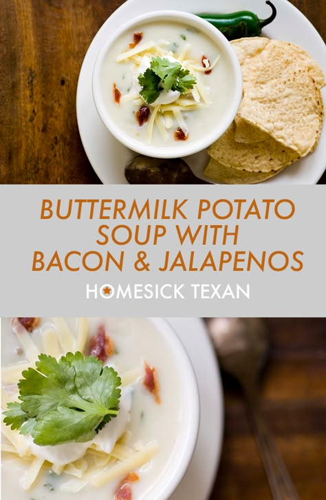 Buttermilk potato soup with bacon and jalapeños Buttermilk Potato Soup, Soup Recipes With Buttermilk, Potato Soup With Buttermilk, Jalapeño Potato Soup, Buttermilk Soup Recipes, Soup With Buttermilk, Texan Recipes, Texas Foods, Buttermilk Soup