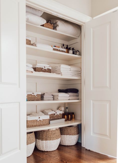 Linen Closet Pantry, Simple Linen Closet Organization, Guest Linen Closet Organization, Storage Closet With Shelves, Building Linen Closet, Building A Linen Closet, Linen Closet Organization Baskets, Linen Closet Measurements, Linen Closet Build