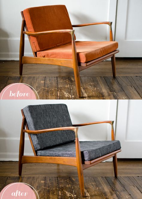 Love this before and after. Makes me want to find one for the library. Box Cushion Makeover » The Sweet Beast Mid Century Furniture Makeover, Mcm Chair, Chair Makeover, Box Cushion, Retro Furniture, Mid Century Chair, Couch Furniture, Century Furniture, Vintage Chairs