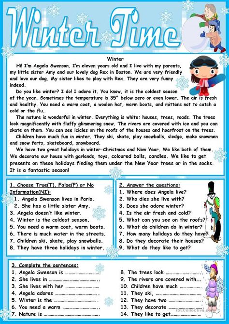 Winter Trivia, Winter Comprehension, Winter Worksheets, Teach English To Kids, Esl Teaching Resources, Reading Comprehension Lessons, English Teaching Resources, Time Worksheets, Short Stories For Kids