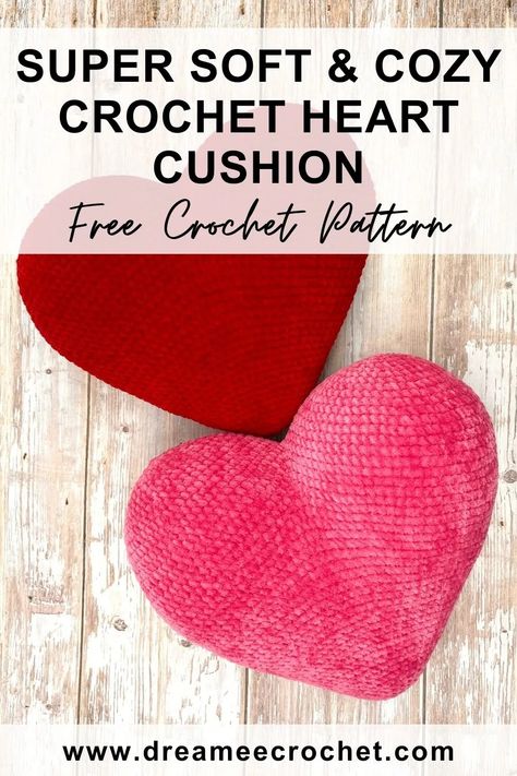 Super soft & cozy crochet heart cushion pattern, free crochet pattern. Free Amigurumi heart pillow pattern. Visit www.dreameecrochet.com for more patterns and video tutorials you'll love! #crochetprojects #crochettechniques #crochetpatterns #crochet #crochetheart Crochet Plushie Pillow Free Pattern, Free Heart Pillow Crochet Pattern, Crochet Heart Cushion Free Pattern, Cute Crochet Pillow Pattern, Crochet Pillow Plushies, Crocheted Heart Pillow, Heart Pillow Sewing Pattern, Free Crochet Pillow Patterns Easy, Crochet Heart Shaped Pillow Free Pattern