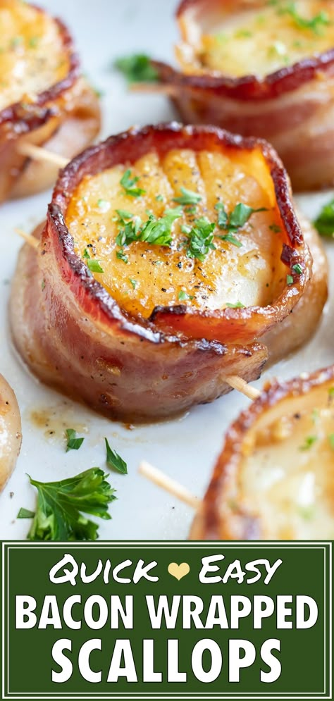 Bacon Wrapped Scallops are wonderfully tender, perfectly pan-seared, and topped with a buttery garlic sauce.  This low-carb, Paleo, and Whole30 scallop recipe is a quick, easy, and healthy main dish to serve for Valentine's Day dinner or a romantic date night in! #scallops #bacon #valentines #datenight #seafood #lowcarb Whole 30 Scallop Recipes, Scallop And Bacon Recipes, Bacon Wrapped Scallop Recipes, Scallops And Bacon Recipe, Sea Scallops Recipes, Scallop Bacon Wrapped, Low Carb Scallop Recipes, Keto Scallop Recipes, Bacon Wrapped Scallops Pan Seared